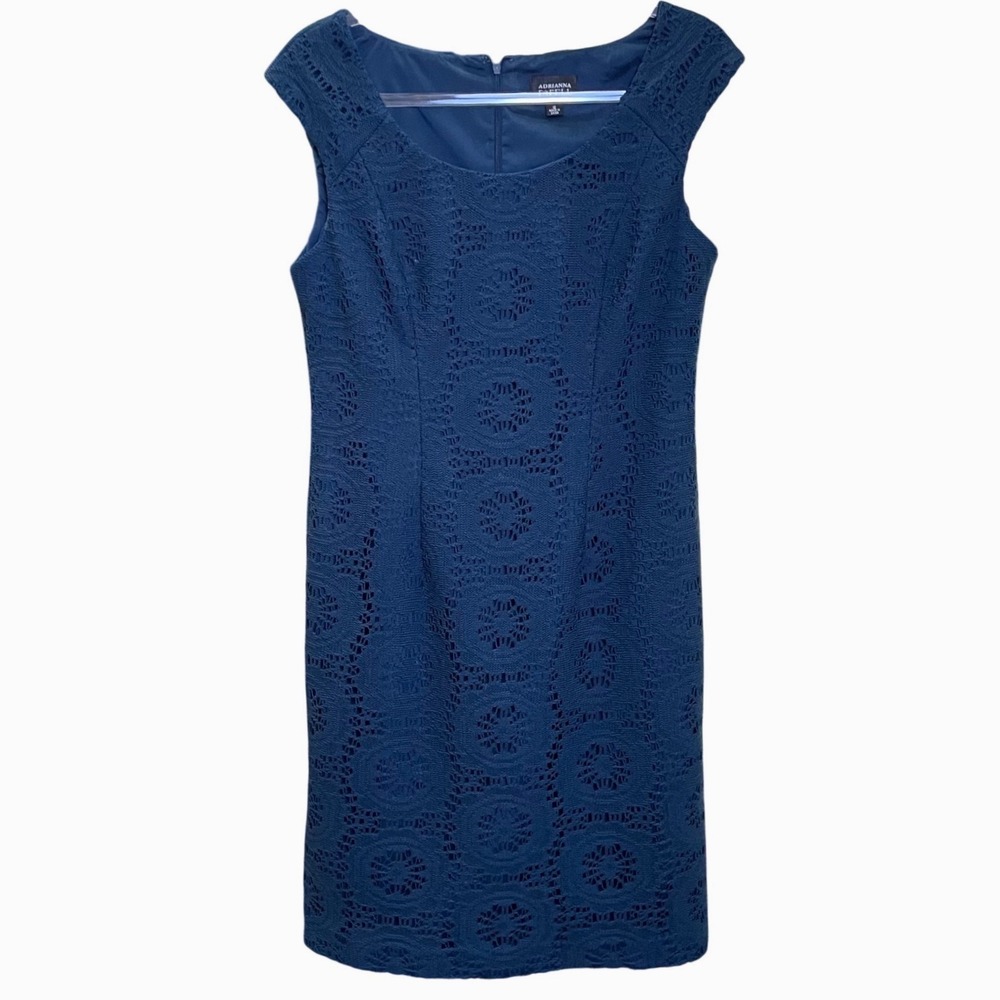 Adrianna Papell Blue Teal Medallion Lace Sheath Dress Women's Size 12 Cap Sleeve